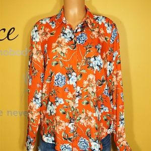 H & M Floral Orange Button Up Shirt Womens Size 8